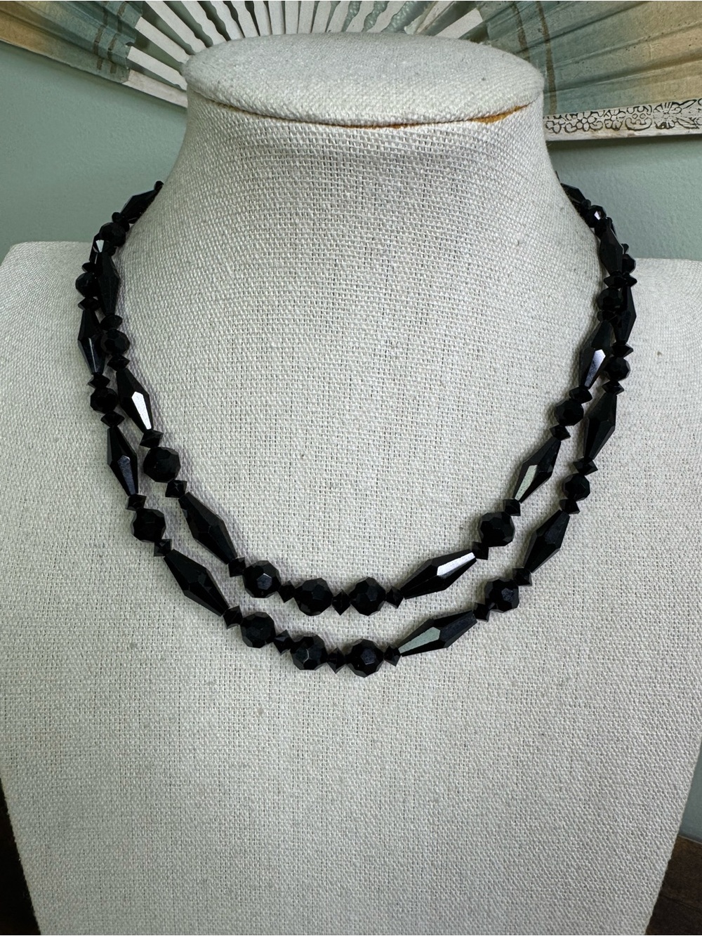 Vintage Gothic Black Faceted Double Strand Necklace with Glass Beads